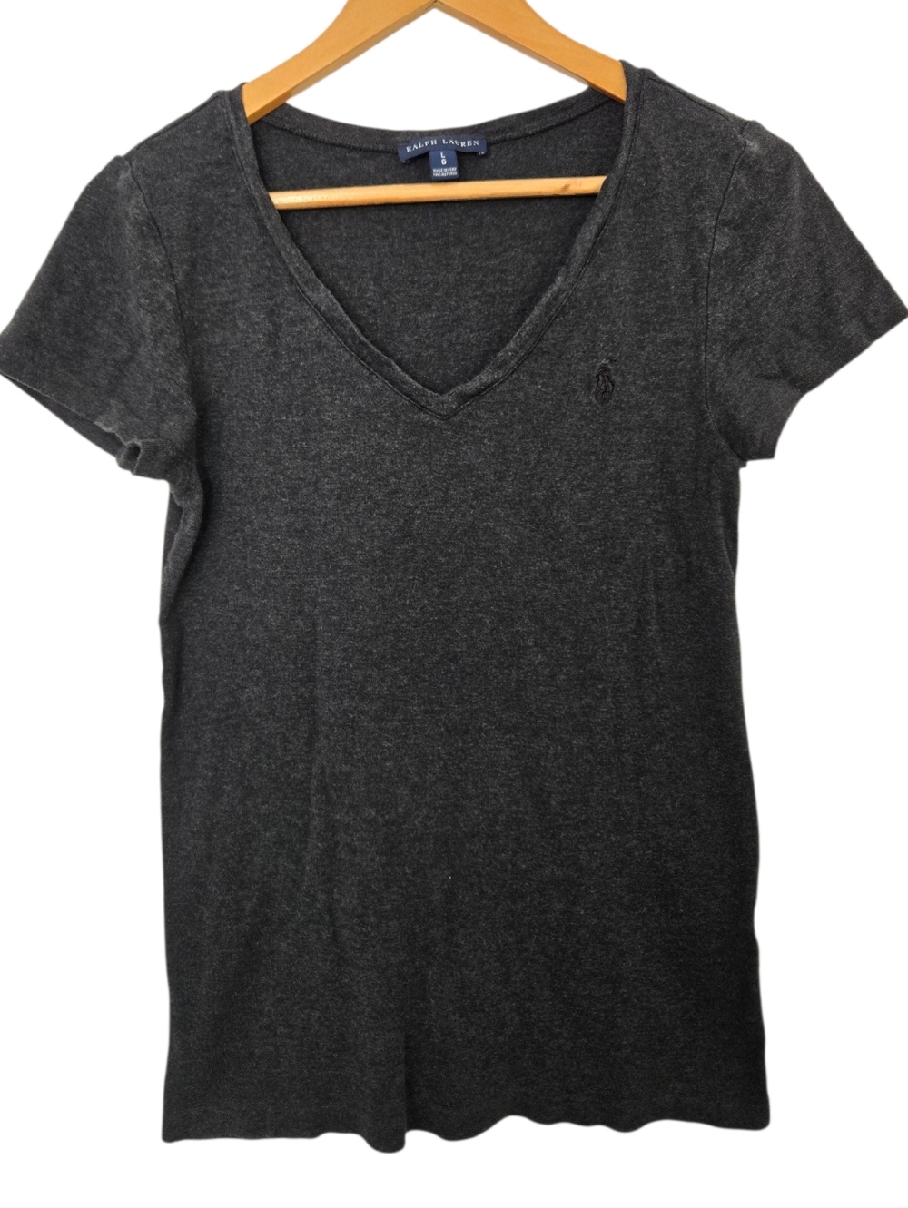Ralph Lauren V Neck Tee Size Large Charcoal Gray Classic Logo Soft Basic Essenti
